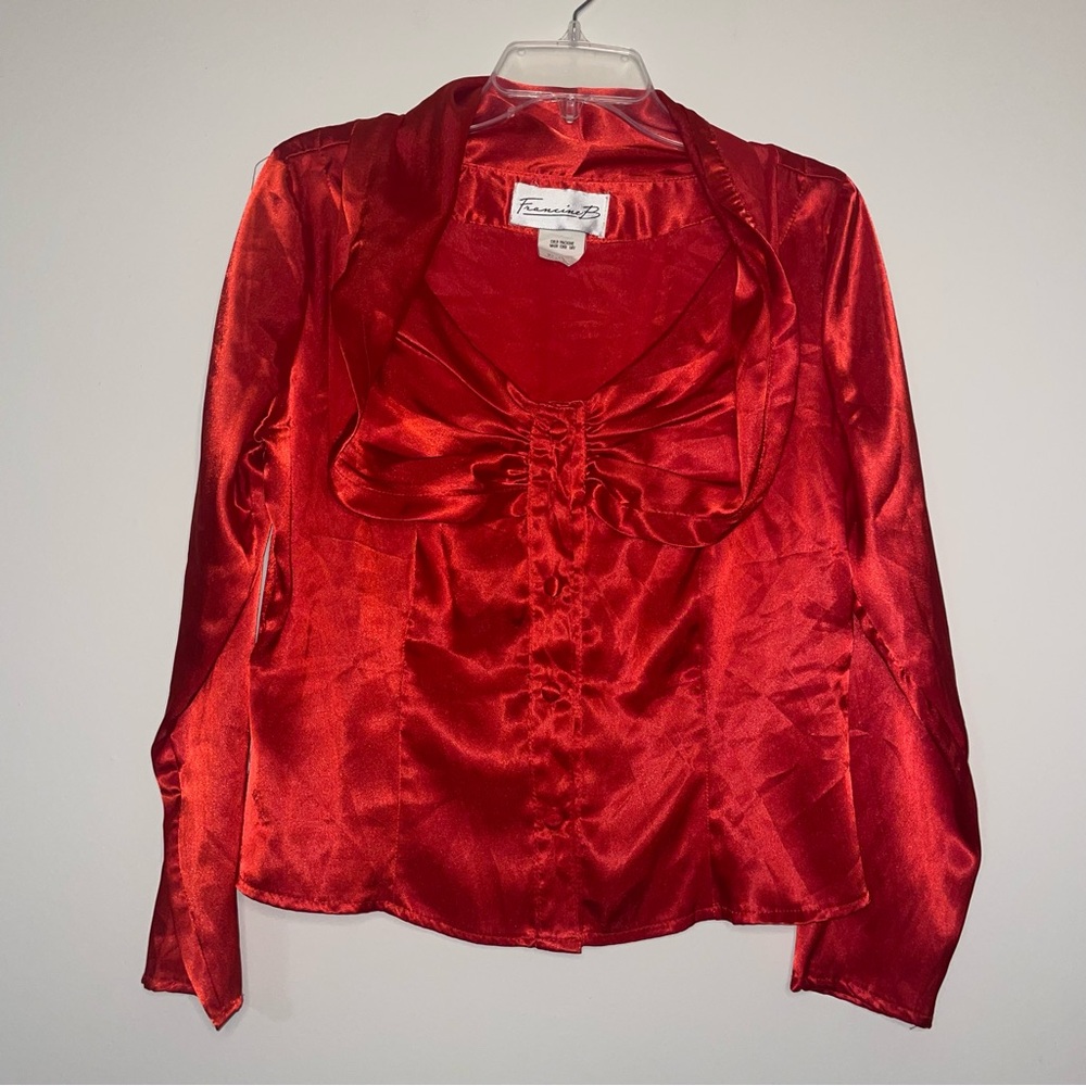 VTG Francine B Vintage Satin Red Button Up 13/14 Blouse With Detachable Flower